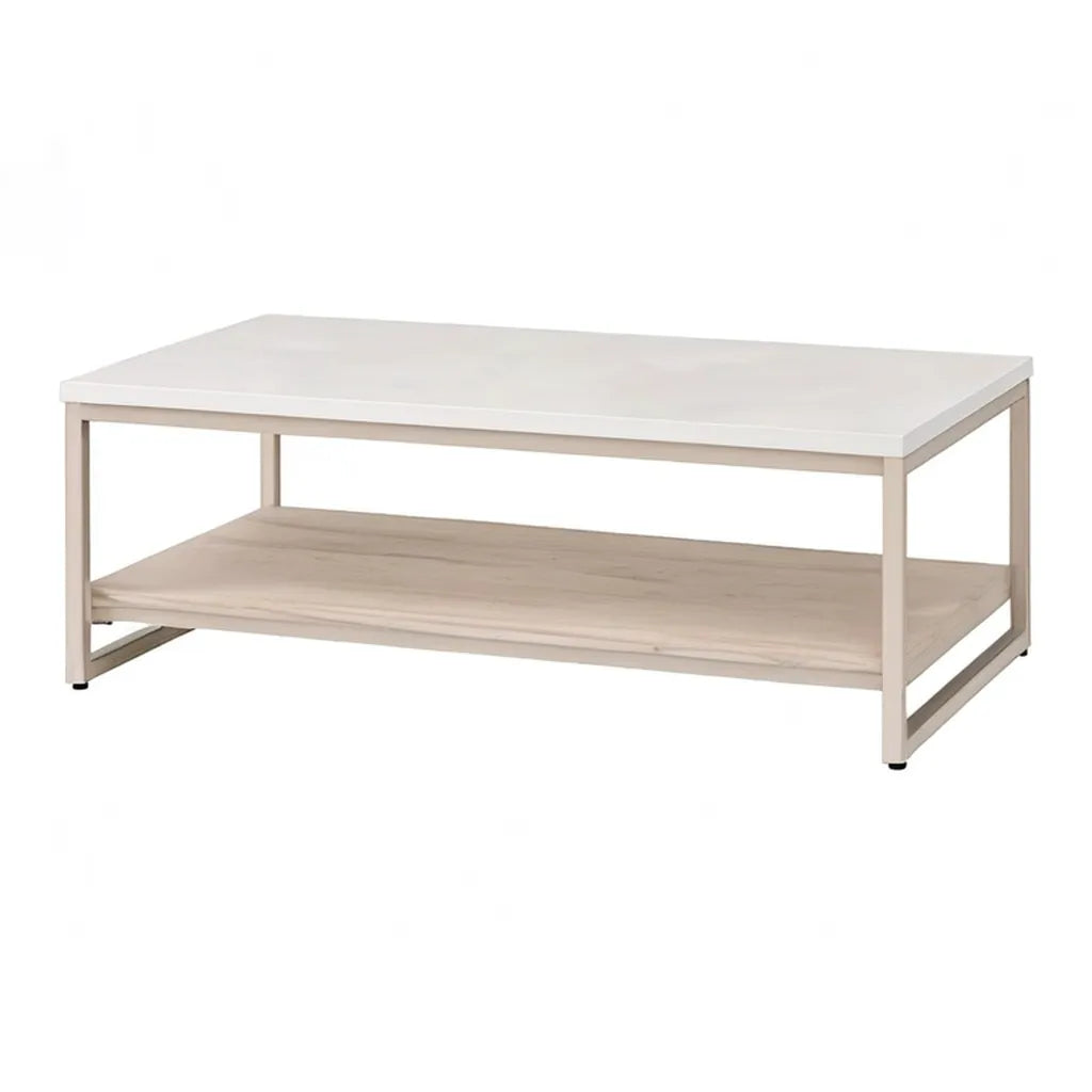 Stolik kawowy, Stół kawowy z półką MDF i stalowy prostokątny biały dąb jasny 100 x 50 x 45 cm