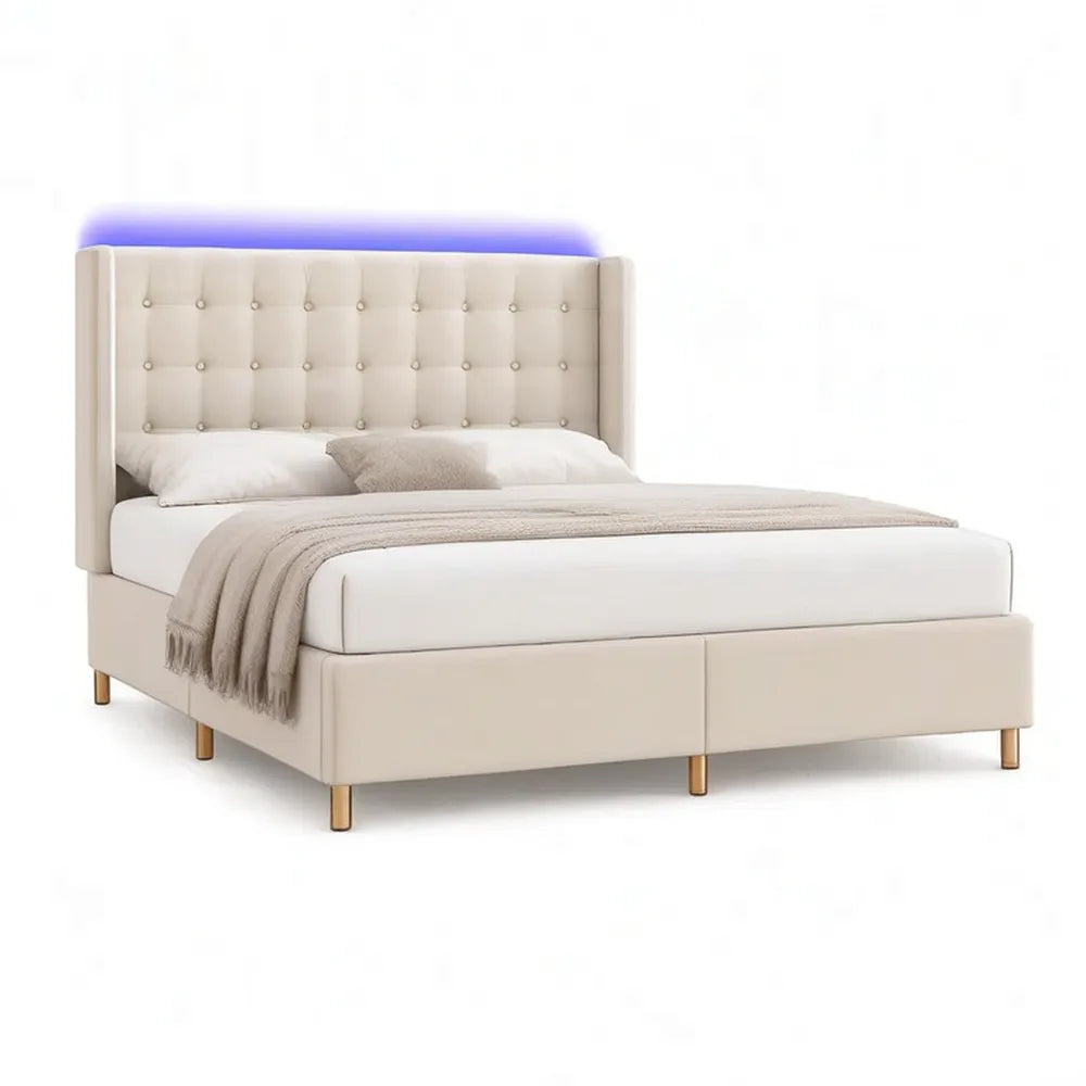 Łóżko tapicerowane 180 x 200 cm beżowe z tapicerowaną deską, oświetleniem LED i metalowymi nóżkami
