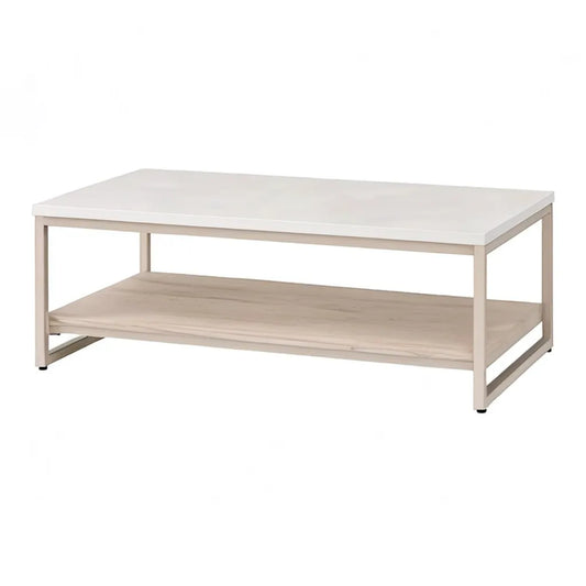 Stolik kawowy, Stół kawowy z półką MDF i stalowy prostokątny biały dąb jasny 100 x 50 x 45 cm