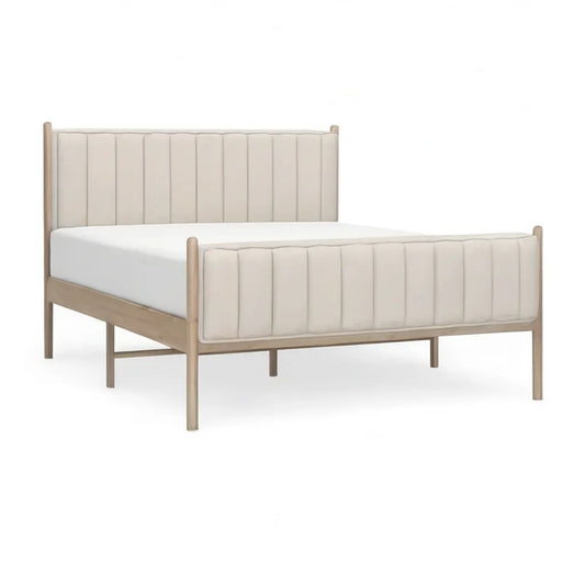 Łóżko podwójne 160 x 200 cm prostokątna rama w litym drewnie z głową i stopą łóżka wyściełaną beżowym poliestrem