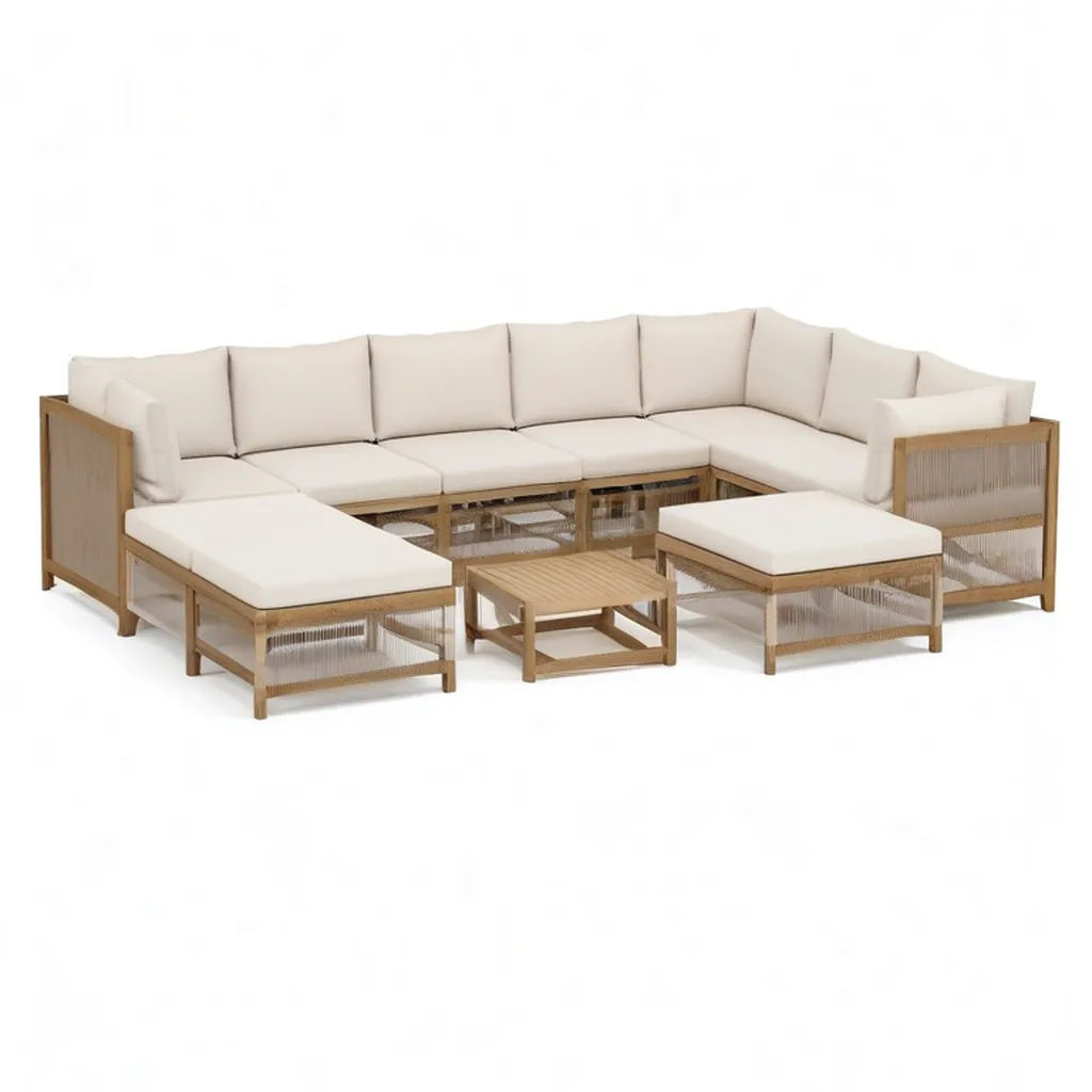 Sofa ogrodowa, 8- częściowy ogród salon zestaw narożna kanapa z akacji litego drewna w kształcie L krem przyroda 300 x 225 x 68 cm