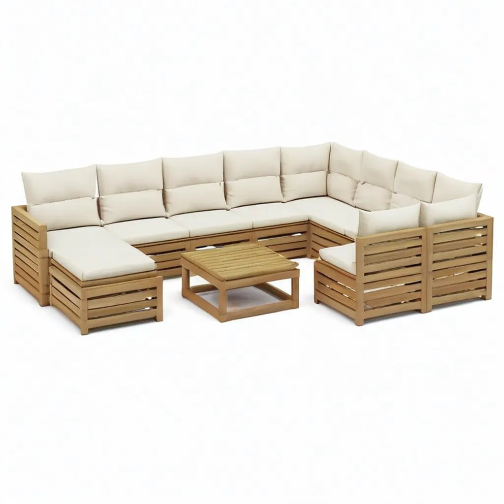 Sofa ogrodowa, 7- częściowa kanapa ogrodowa z litego drewna acacia z kolorowymi foliami i stolikiem do kawy 270 x 210 cm