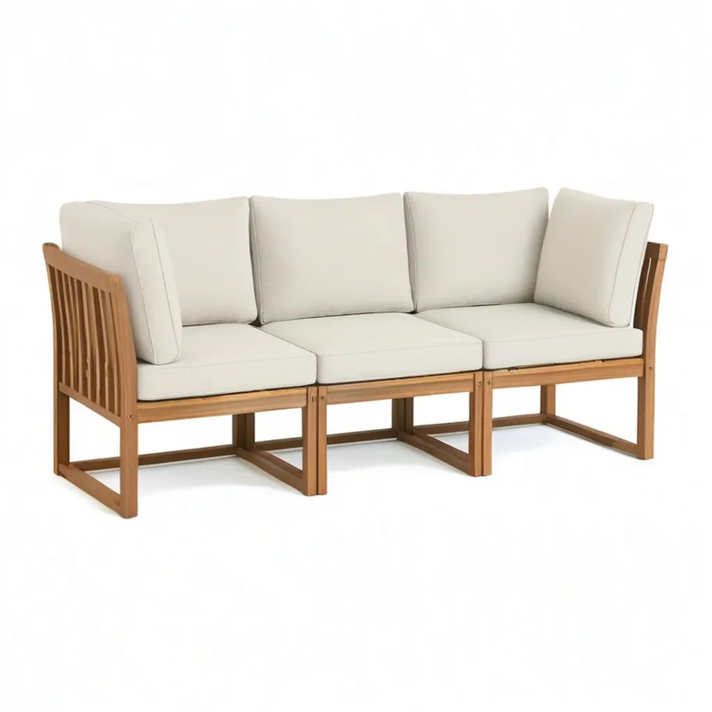 Sofa ogrodowa, Zestaw 3-osobowy sofa ogrodowa z litego drewna acacia z poduszką poliestrową w beżowym 210 x 75 x 70 cm