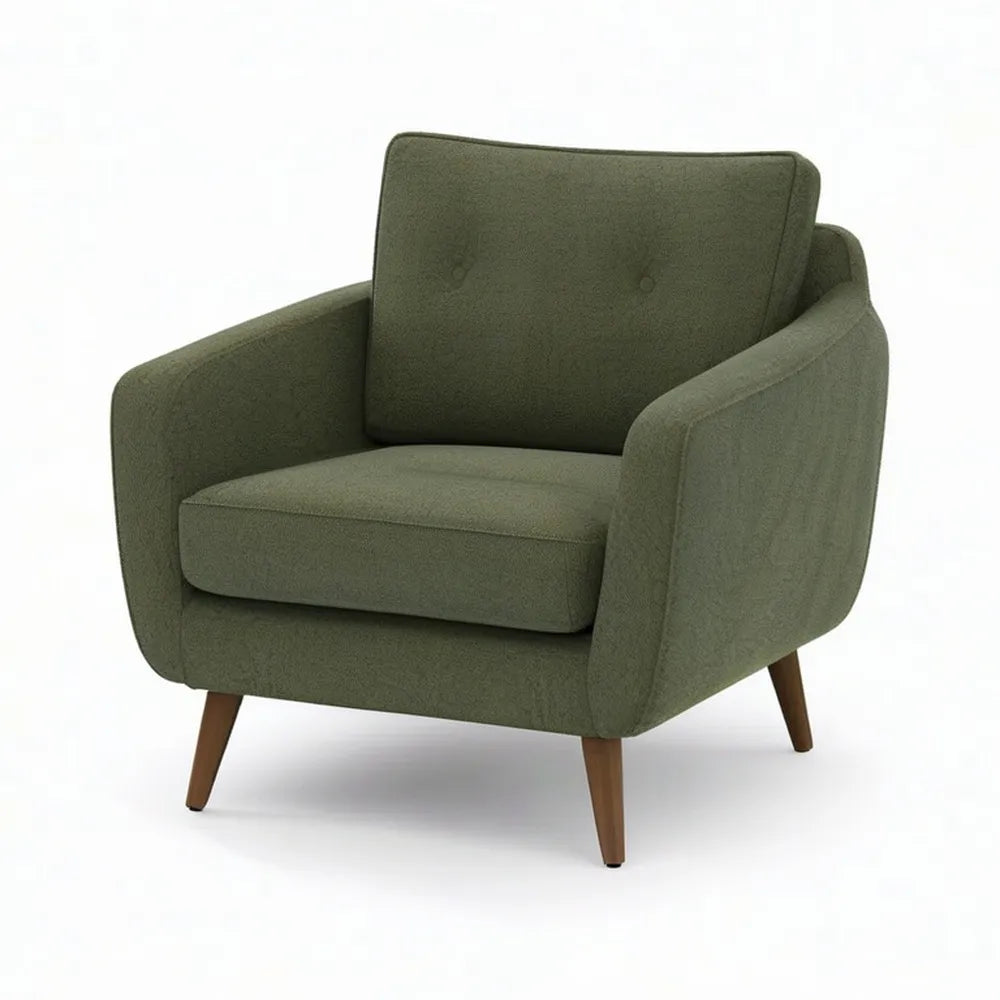 Fotel w salonie 76x82x84 cm zielony w tkaninie z wyściełanym dekoltem i litymi nóżkami z drewna