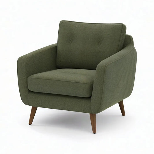 Fotel w salonie 76x82x84 cm zielony w tkaninie z wyściełanym dekoltem i litymi nóżkami z drewna