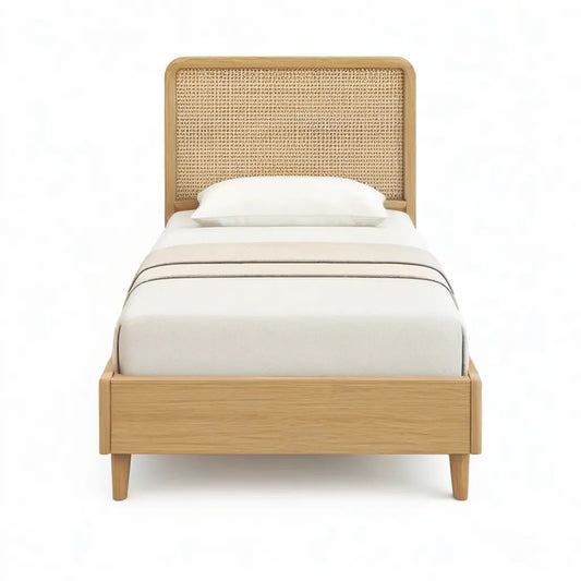 Łóżko, Pojedyncze prostokątne łóżko 90 x 190 cm w hevea stałe i puszki beżowy naturalny rattan