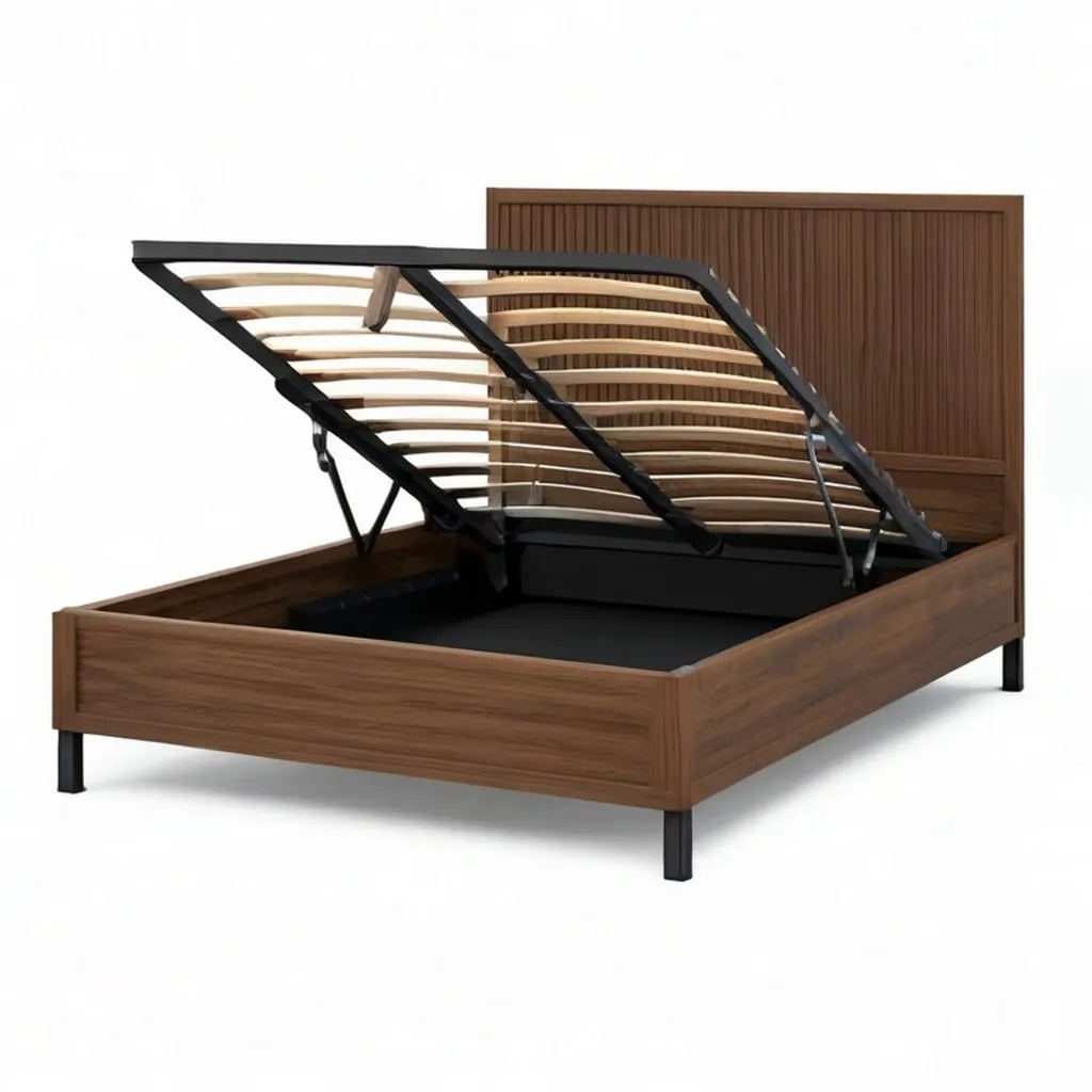 Łóżko magazynowe Łóżko podwójne 160 x 200 cm z gazową sprężyną ruszt MDF Walnut Brązowy czarny Prostokątny